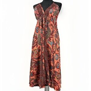 NWT Rhea Paisley Backless Halter Midi Dress Coral Boho Silk Blend Tie Back